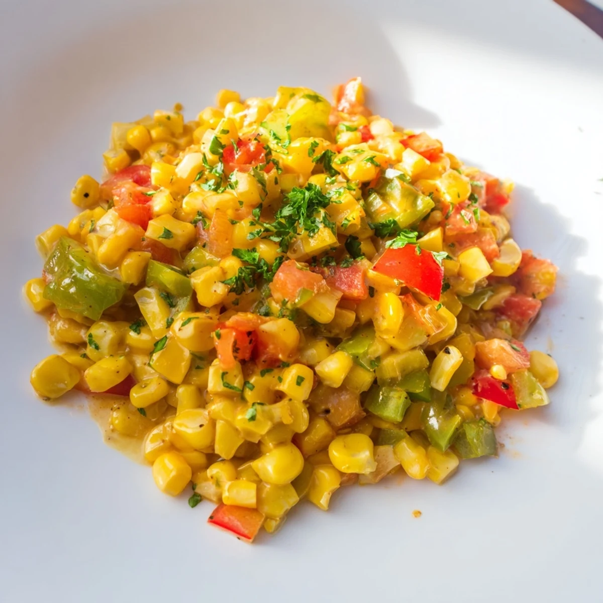 Fresh Creole Corn Maque Choux simmering in a skillet with sweet corn, diced bell peppers, and tomatoes in a creamy, spiced sauce.