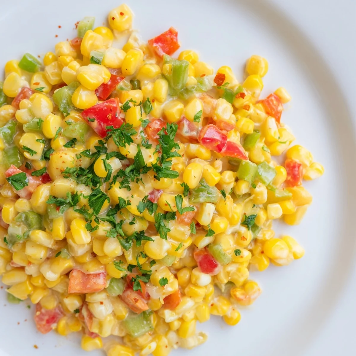 Savory Creole Corn Maque Choux featuring golden corn kernels, red and green peppers, and a touch of smoked paprika.