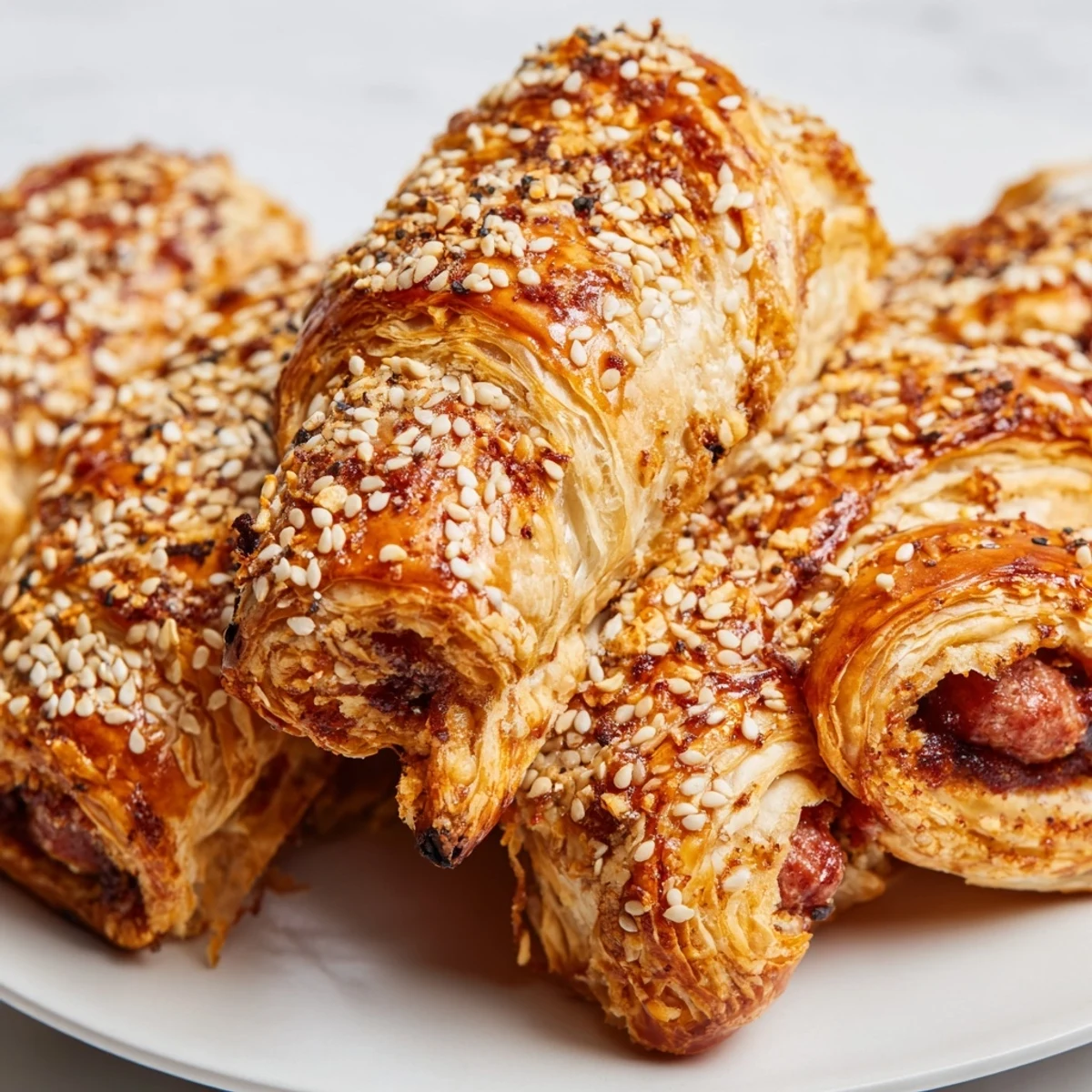 Flaky, golden pastry rolls with spiced halal sausage filling, ready to serve at a game day gathering.