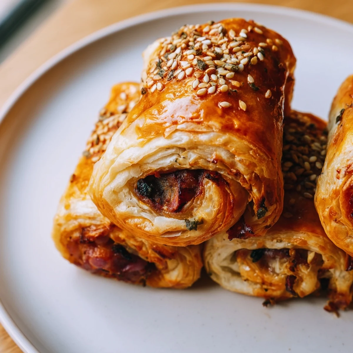 Freshly baked Game Day Sausage Rolls showing flaky pastry layers and a side of spicy mustard for dipping.