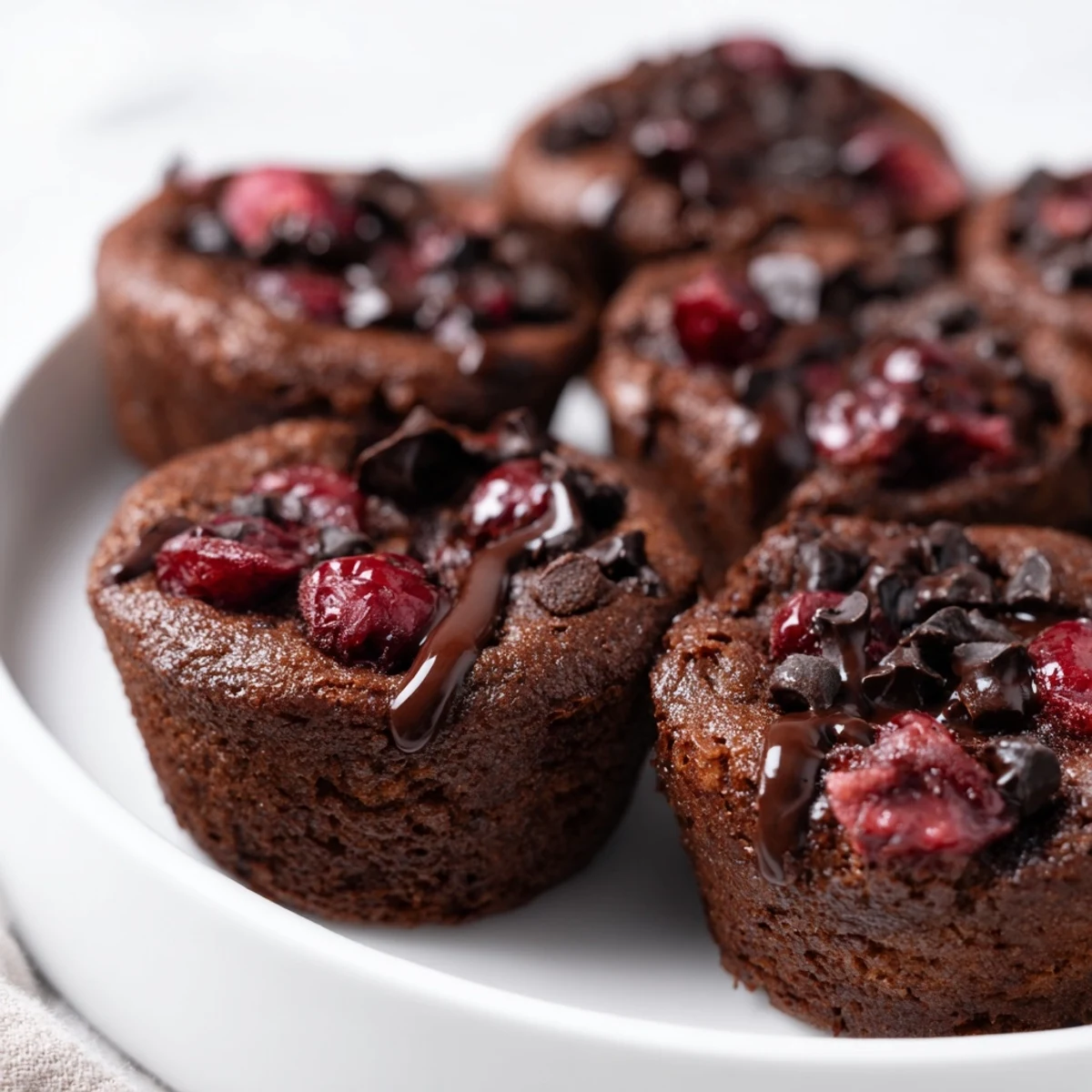 Glossy Chocolate Cherry Brownie Bites with rich fudgy texture on a serving plate.
