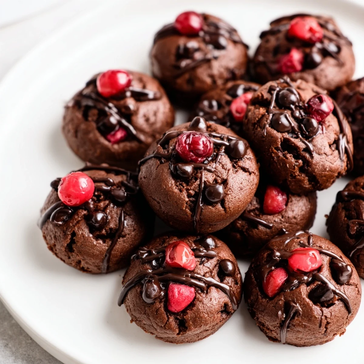Tall stack of Chocolate Cherry Brownie Bites drizzled with melted chocolate topping.