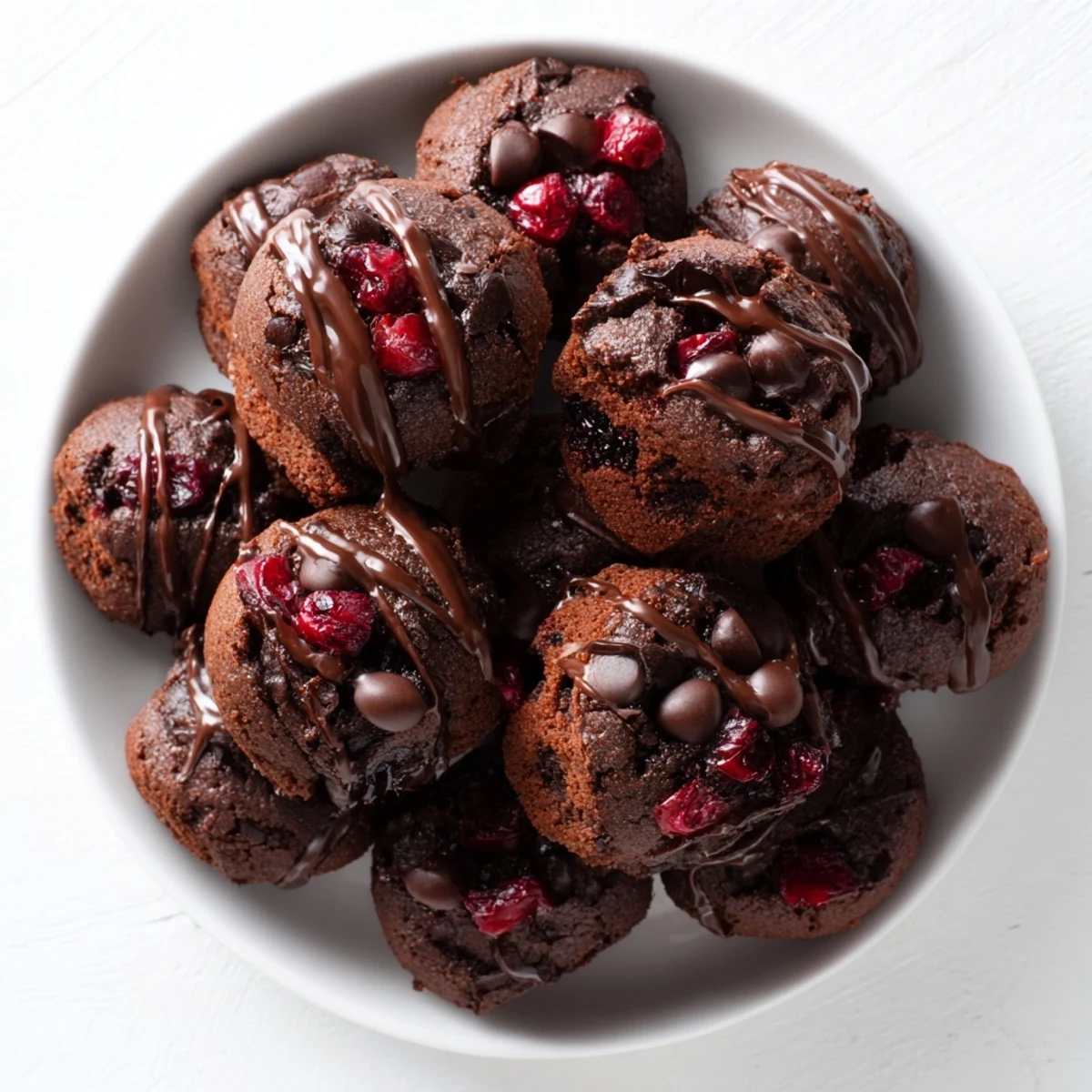 Homemade Chocolate Cherry Brownie Bites studded with cherries for a party dessert.