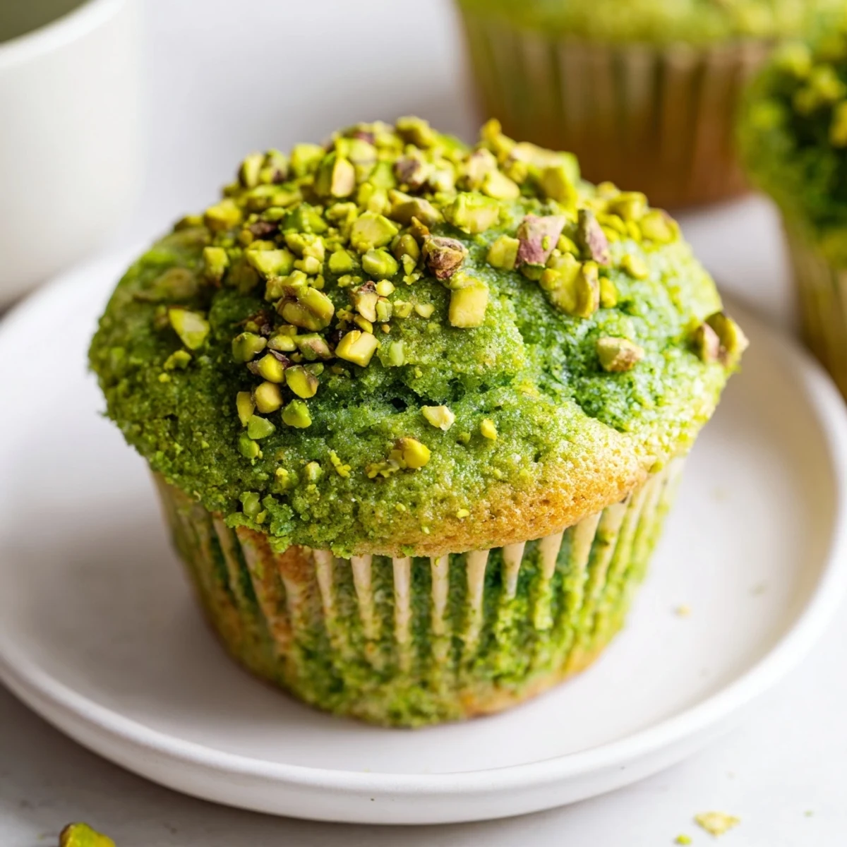 A moist, fluffy Green Pistachio Muffin on a plate, topped with chopped pistachios, ready to enjoy with coffee.