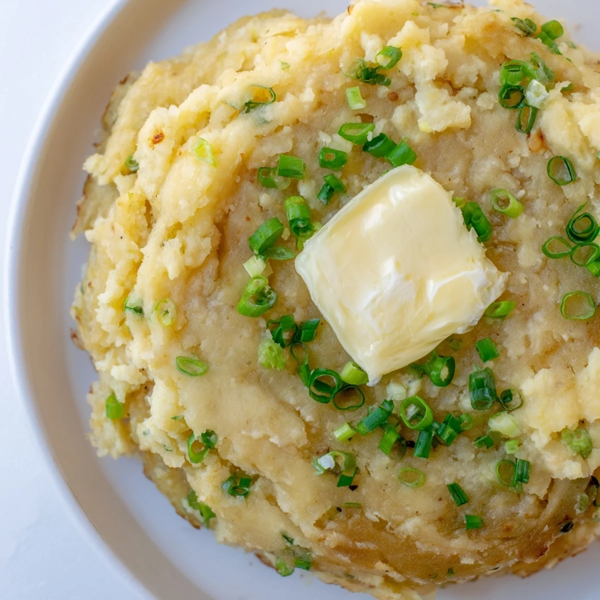 Fluffy Irish Potato Cakes with Scallions on a rustic plate, topped with butter and fresh herbs.  