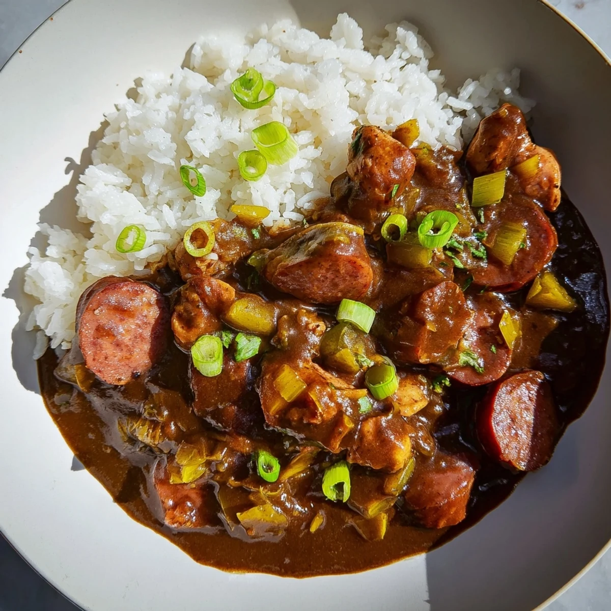 Steaming bowl of Mardi Gras Chicken and Sausage Gumbo served over fluffy white rice.