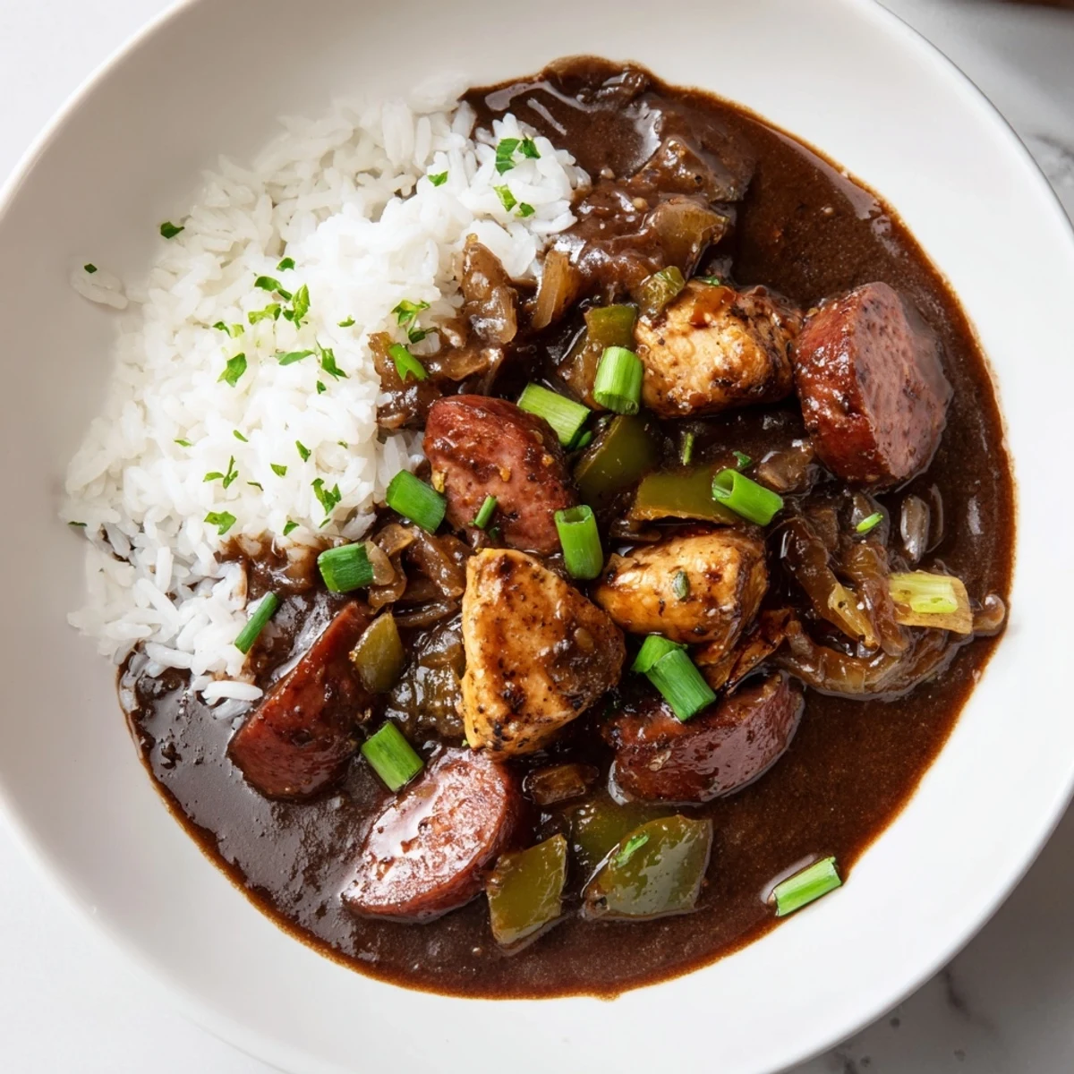 Homemade Mardi Gras Chicken and Sausage Gumbo with rich dark roux and fresh parsley garnish.