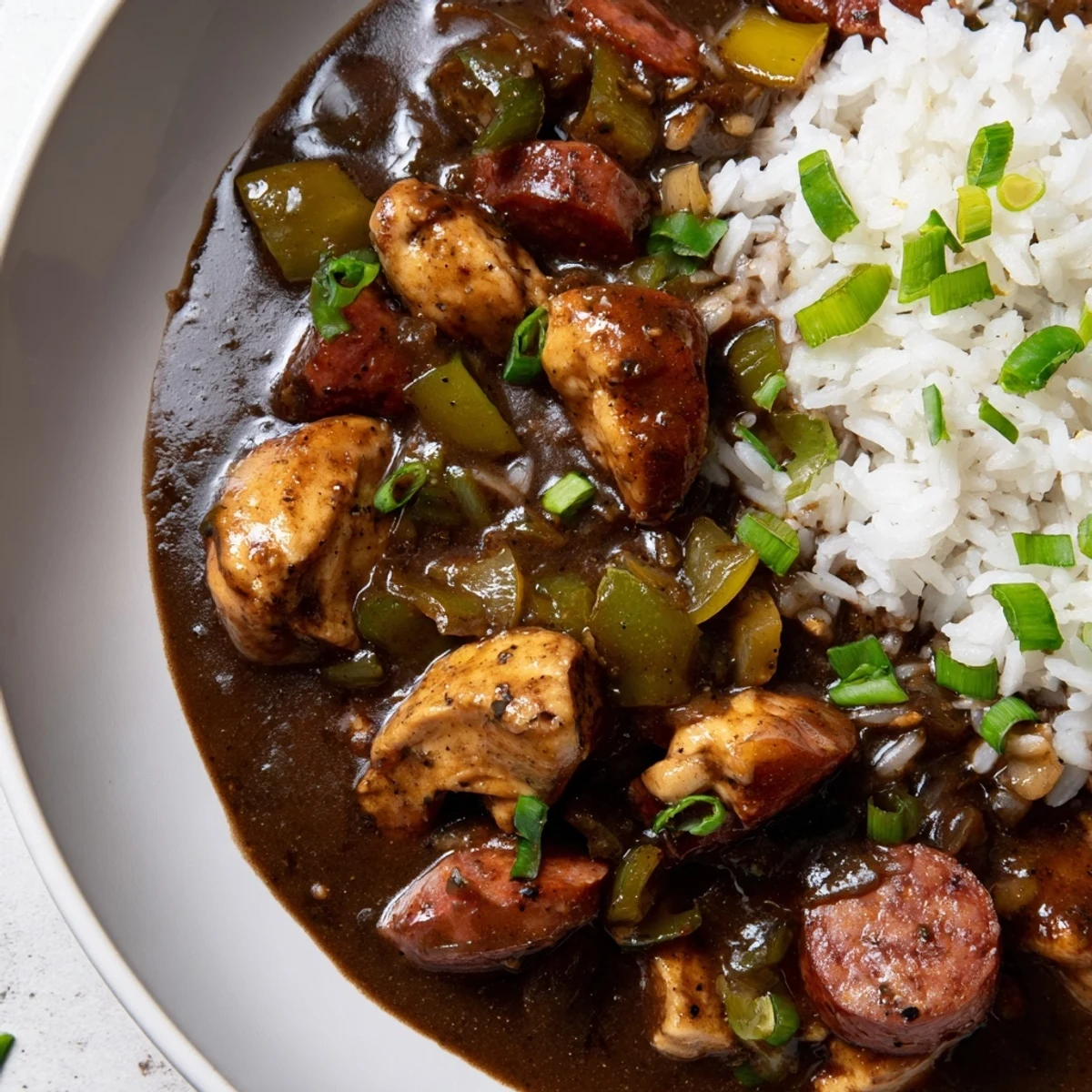 A hearty ladle of Mardi Gras Chicken and Sausage Gumbo features andouille sausage and chicken.