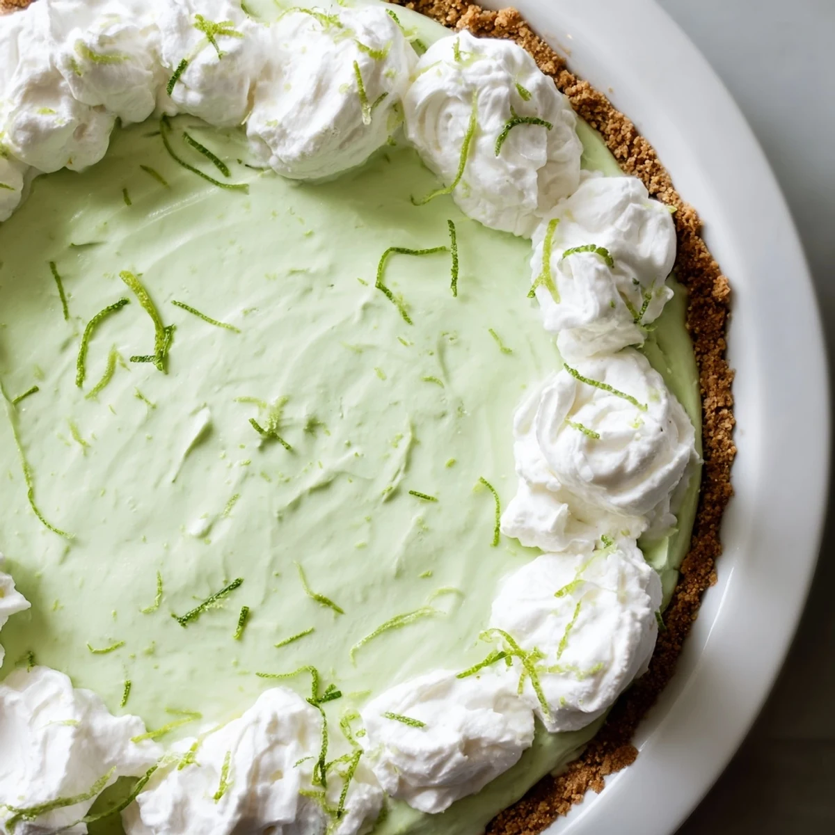 A vibrant slice of Green Key Lime Pie showcases a creamy, pale green filling and a golden-brown graham cracker crust.  
