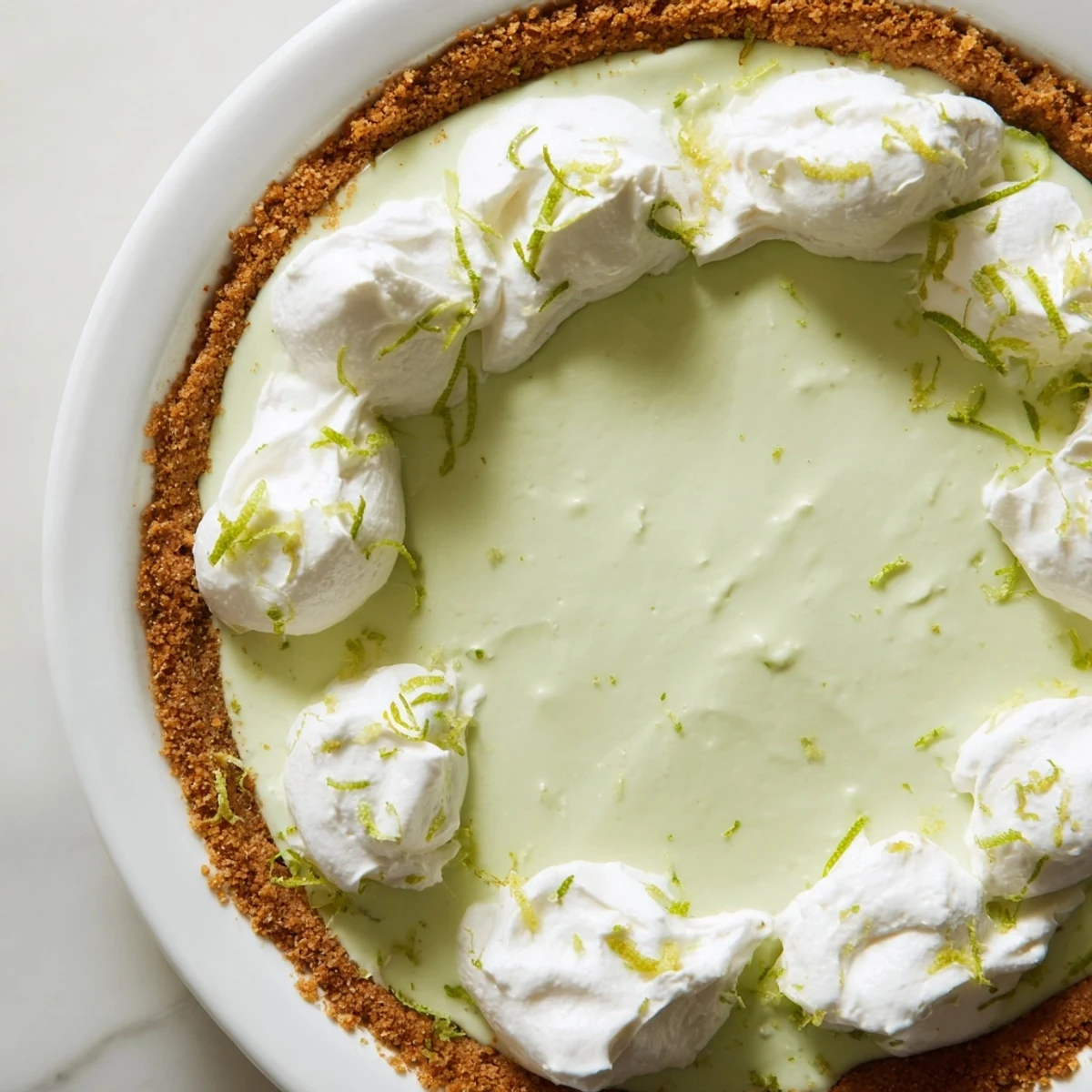 Frosted Green Key Lime Pie in a dish, with bright green filling and crisp, buttery crust for dessert.