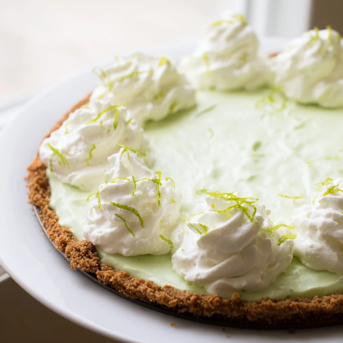 Close-up of Green Key Lime Pie topped with fluffy whipped cream and fresh lime zest, ready to serve.  