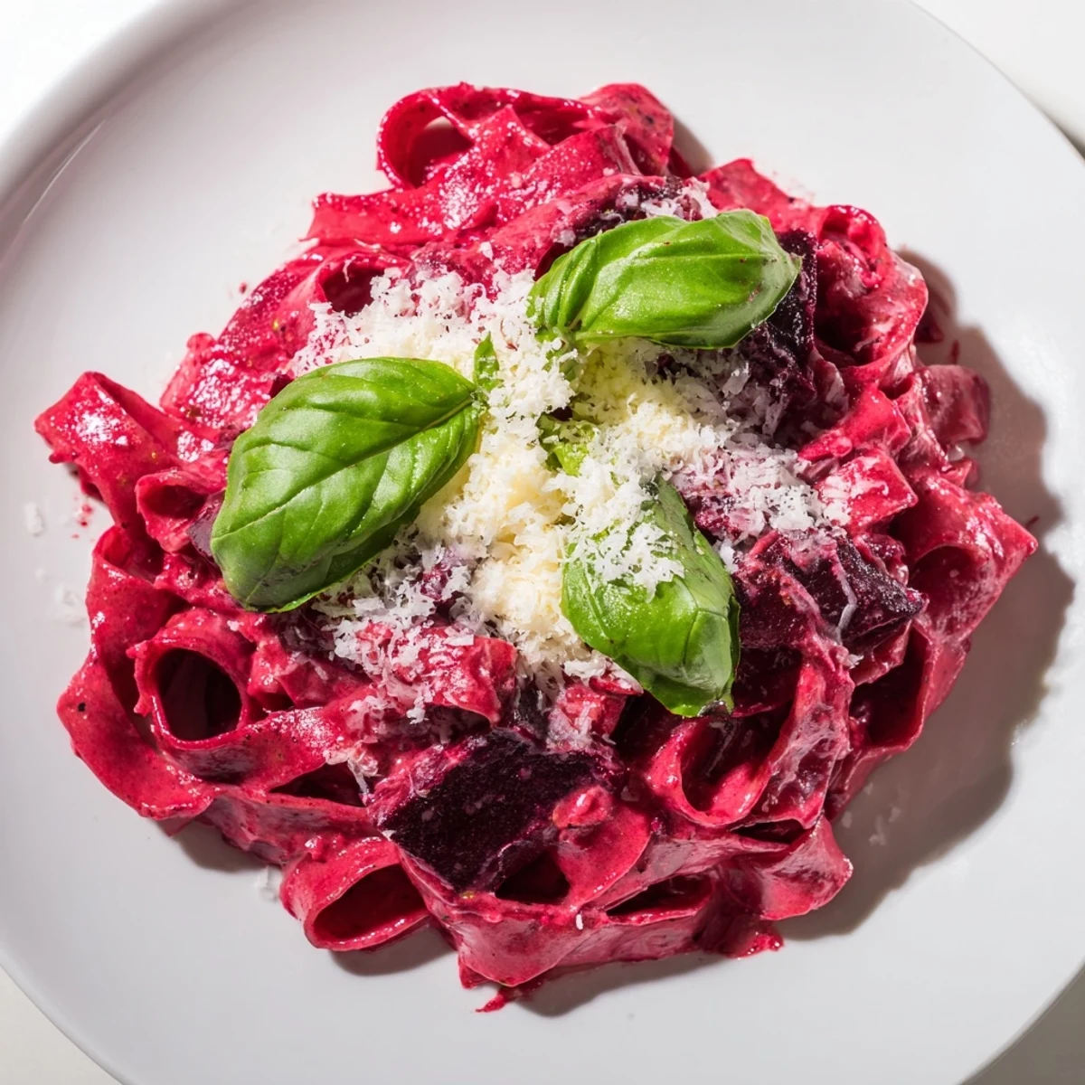 Creamy Valentine Pink Pasta with Beet Sauce in a romantic white bowl, topped with fresh basil and grated Parmesan.