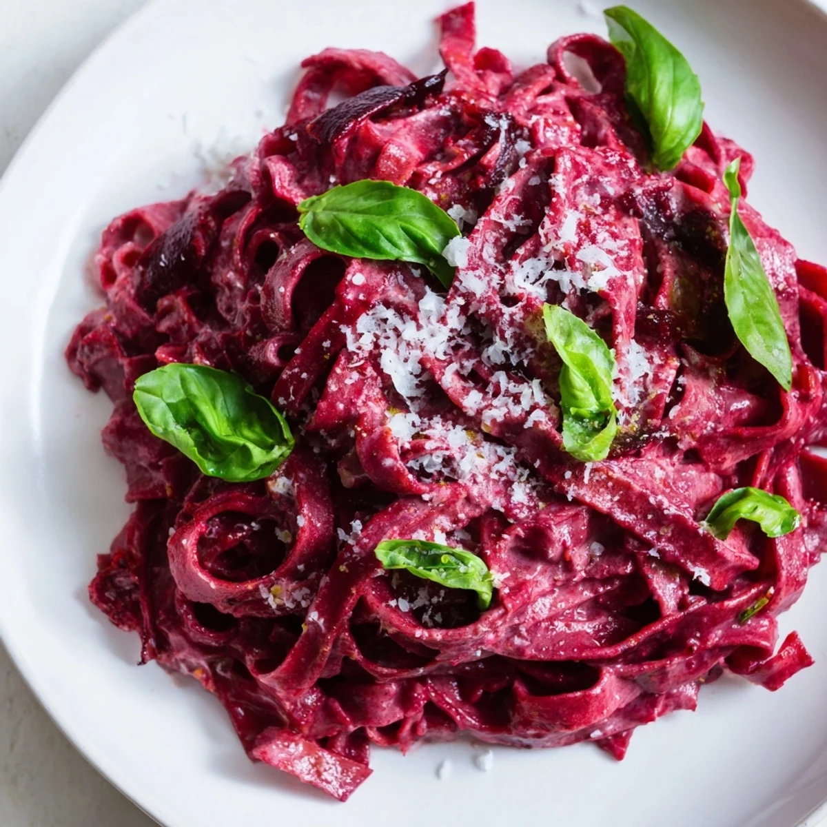 Vibrant Valentine Pink Pasta with Beet Sauce twirled on a fork, highlighting its silky texture and vivid magenta color.