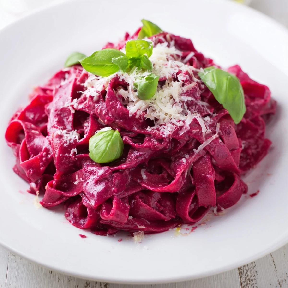Serving platter of Valentine Pink Pasta with Beet Sauce, garnished with basil and Parmesan, ready for a special dinner.