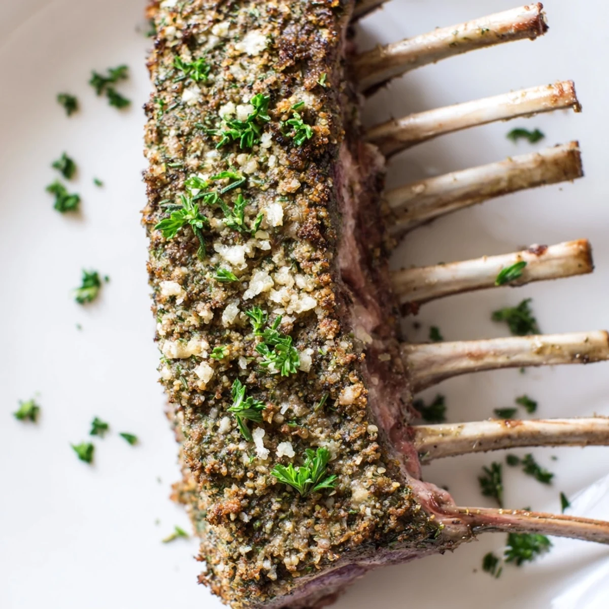A close-up of a Romantic Roasted Rack of Lamb with a golden herb crust, garnished with fresh parsley and flaky sea salt.