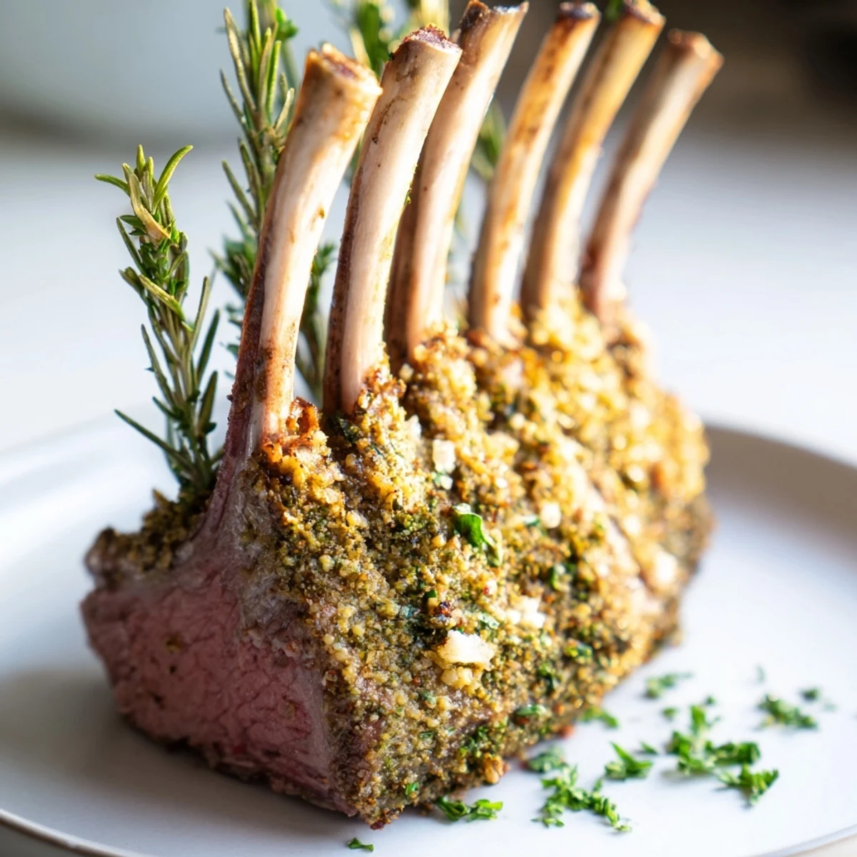 Perfectly roasted Romantic Roasted Rack of Lamb sliced to reveal a juicy, pink interior, resting on a rustic wooden cutting board.