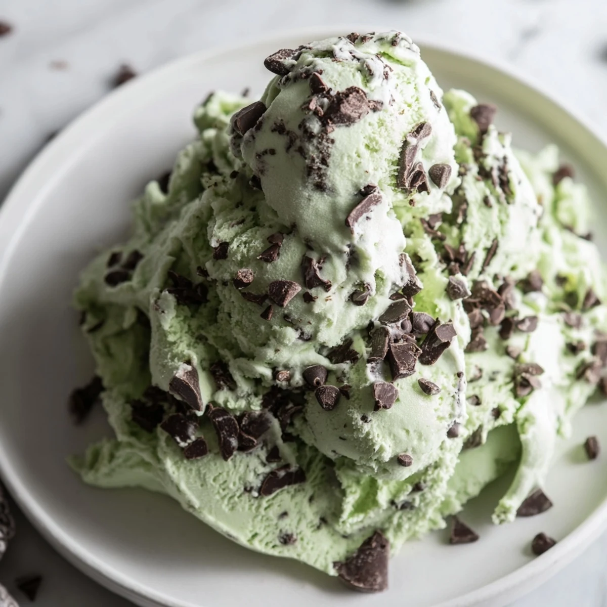 A bowl of homemade Mint Chocolate Chip Ice Cream topped with chocolate shavings, ready for a festive St. Patrick's Day celebration.