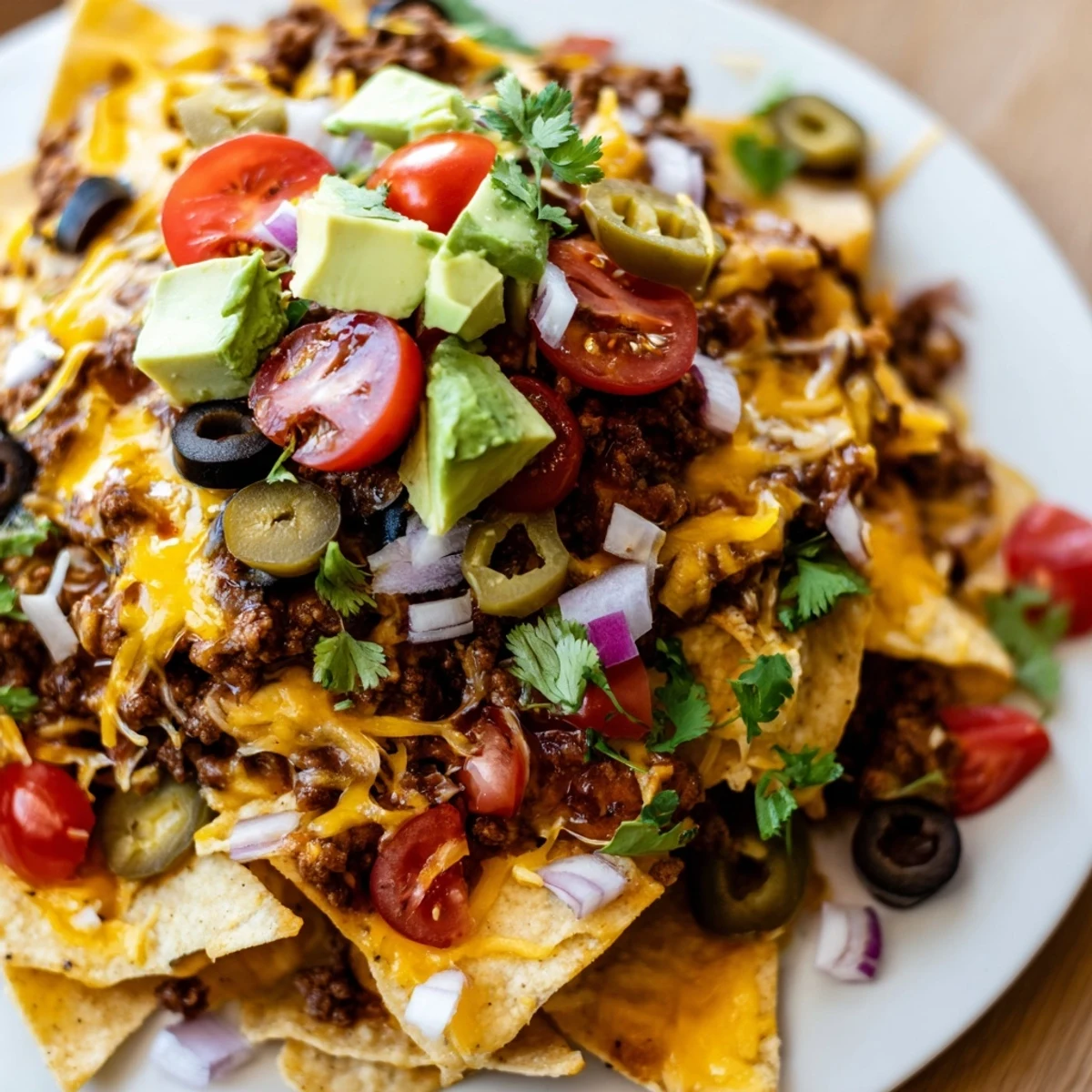A close-up of the Championship Nacho Platter with Ground Beef, featuring a hearty beef mixture, bubbly cheese, fresh tomatoes, and vibrant jalapeños.