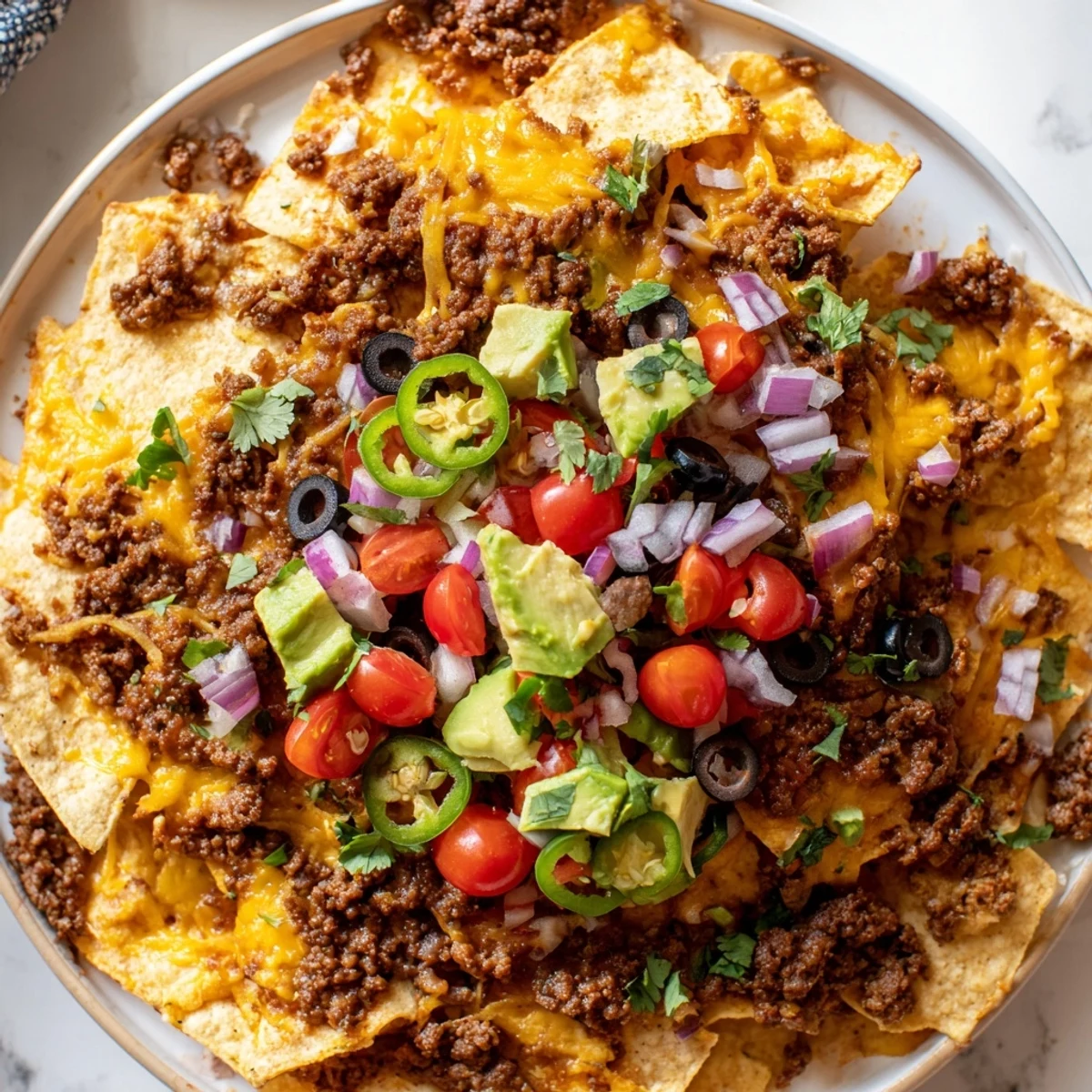 Ready-to-serve Championship Nacho Platter with Ground Beef, loaded with black olives, red onion, and sour cream for a perfect game-day appetizer.