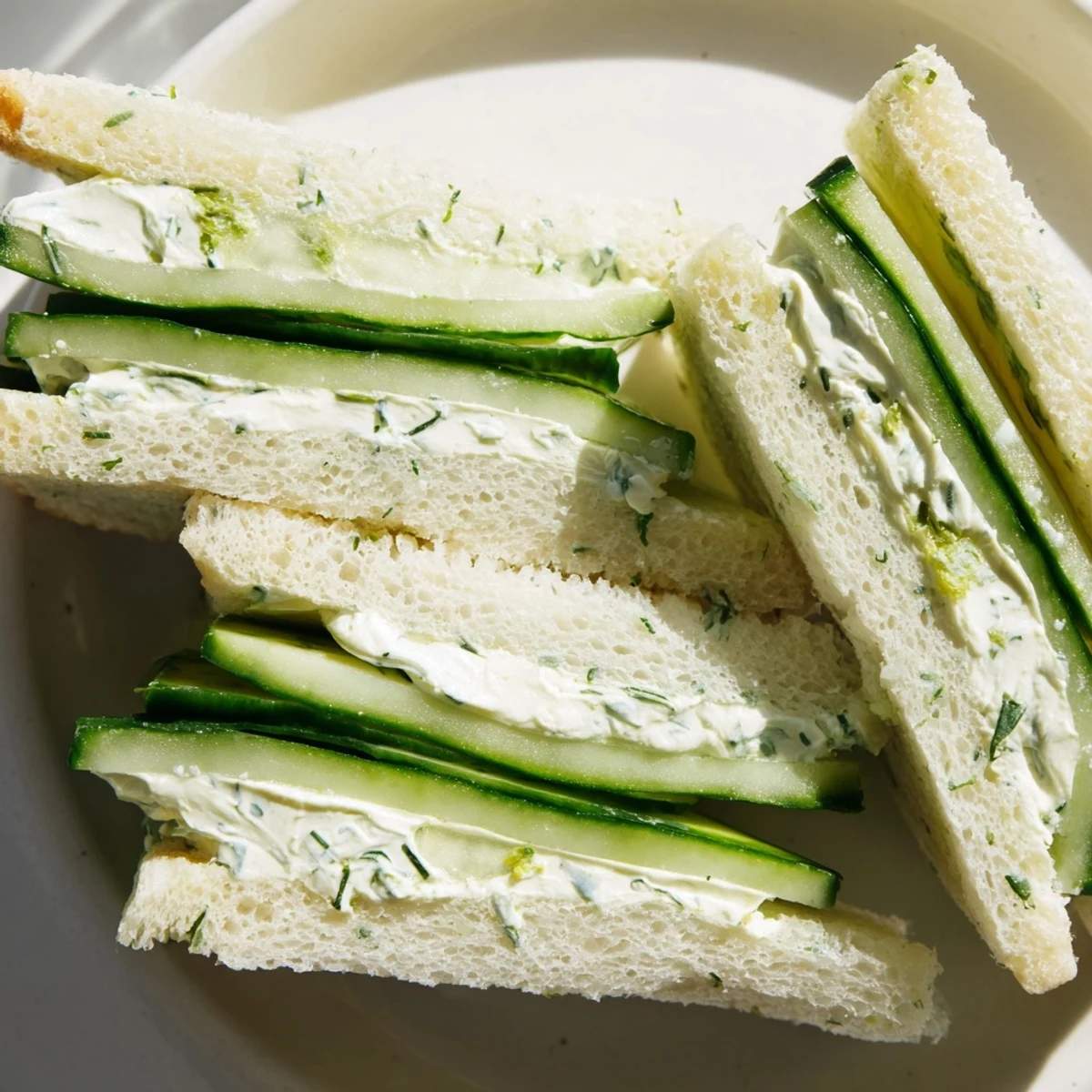 Green Cucumber Sandwiches with Herb Cheese stacked high on a platter, garnished with fresh dill.