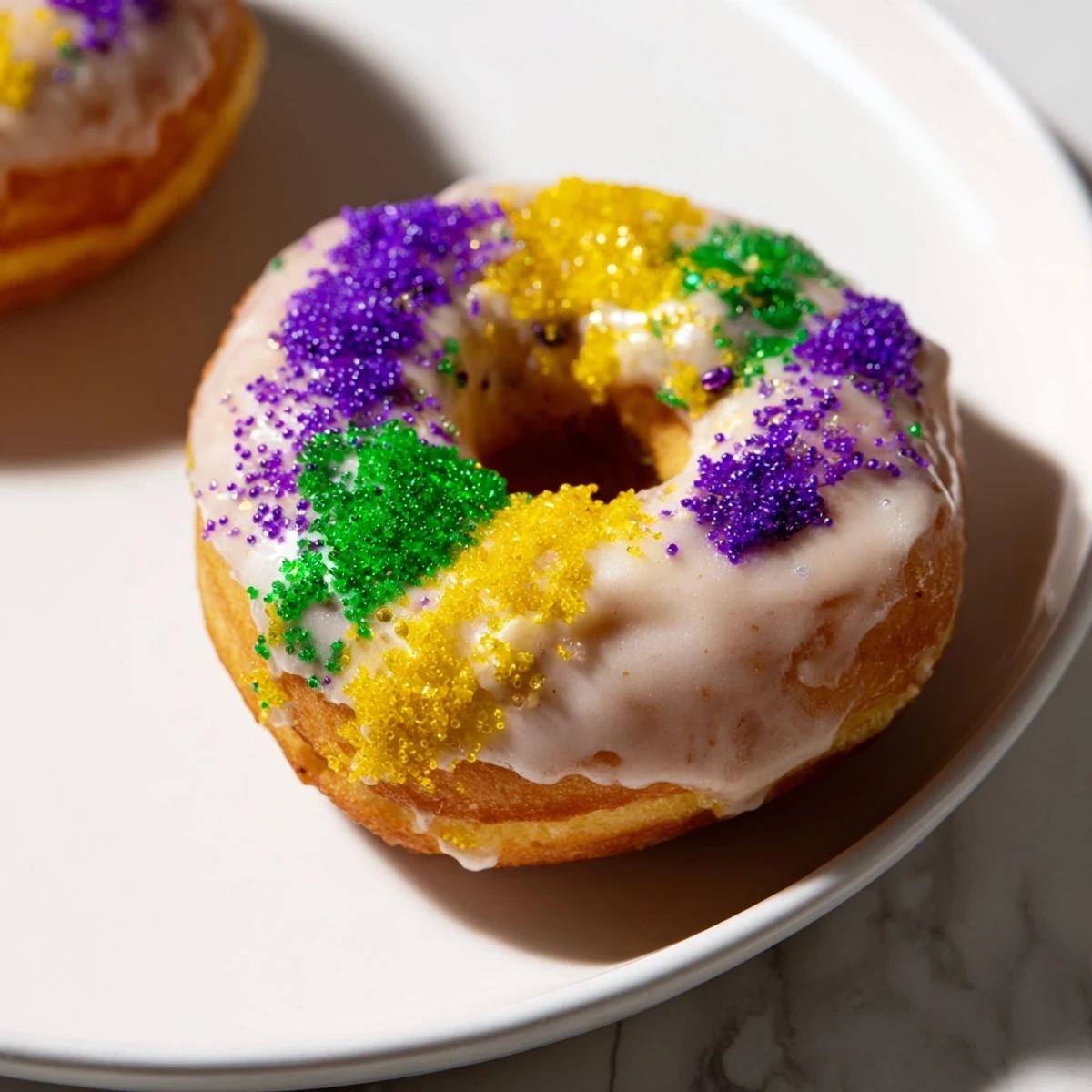 Freshly fried Mardi Gras Donuts with a glossy vanilla glaze and a shower of colorful sugar.