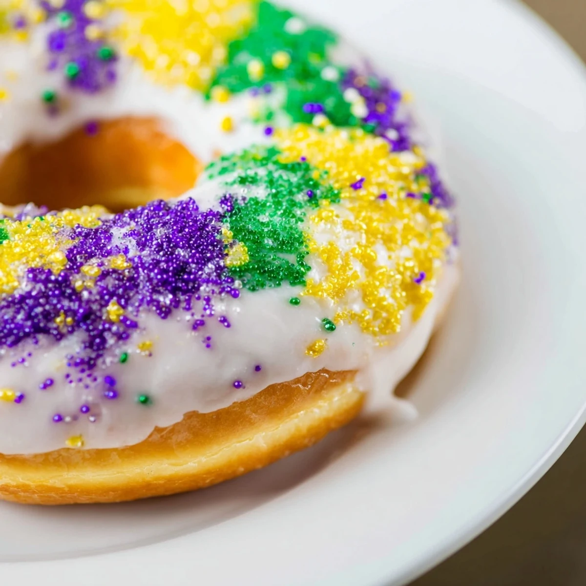 Golden-brown Mardi Gras Donuts decorated with purple, green, and yellow sugar for a festive look.