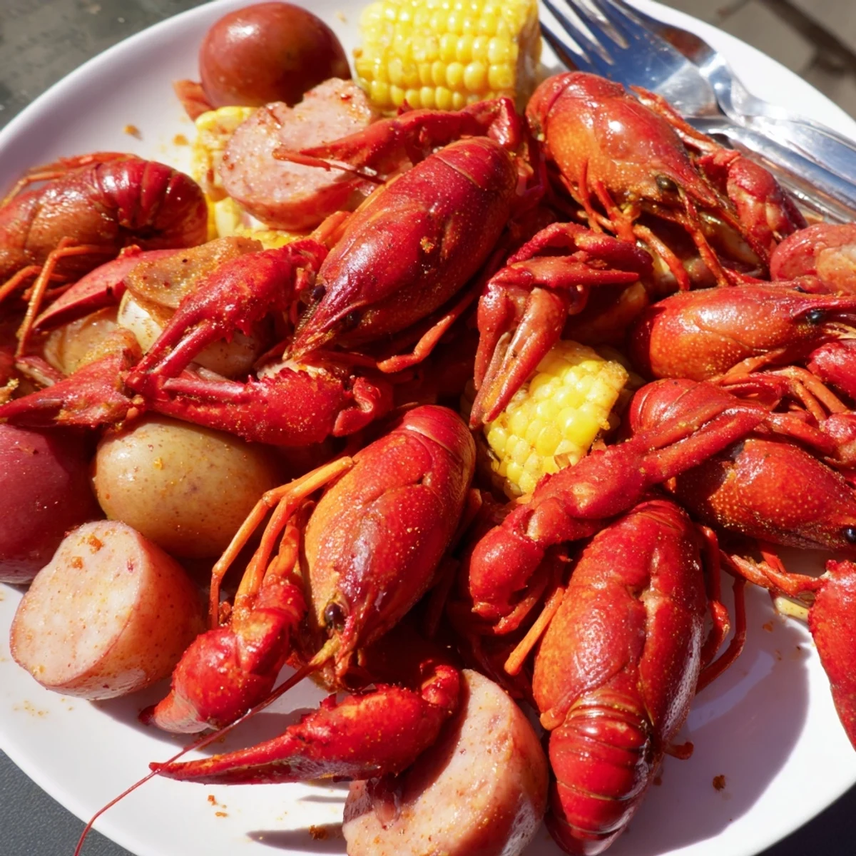 Famous Louisiana Style Crawfish Boil with bright red crawfish, golden corn, potatoes, and smoked sausage on a serving tray.