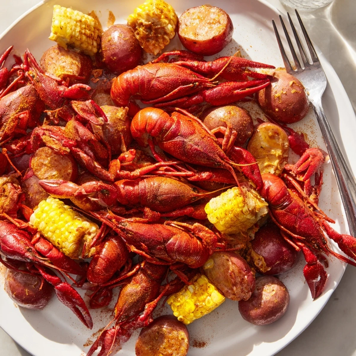 Hearty Louisiana Style Crawfish Boil served with lemon wedges, buttery broth, and crusty bread on a rustic table.