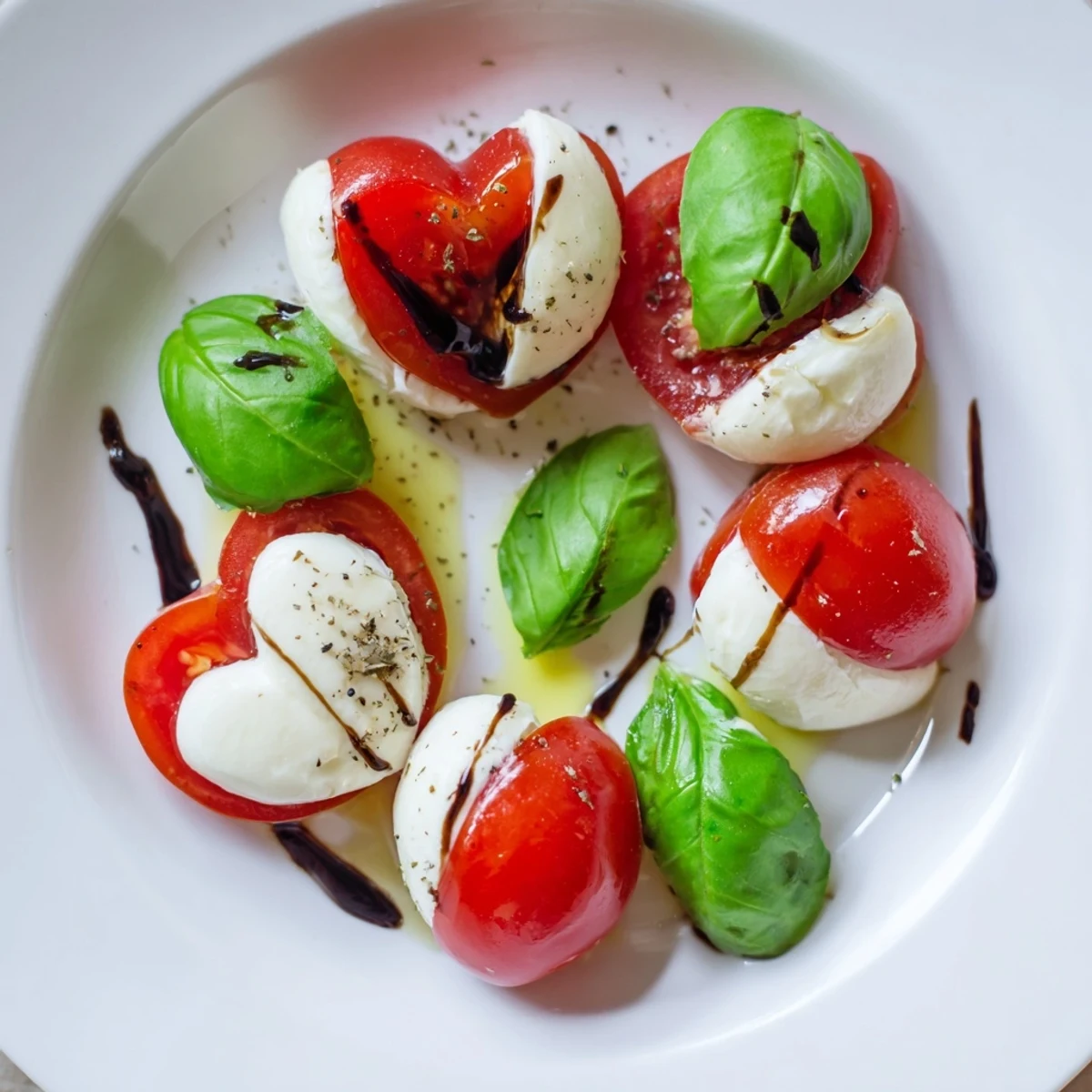 Fresh basil leaves tucked between tomato and mozzarella hearts, glistening with olive oil, perfect for sharing as a Valentine Heart Caprese Salad.
