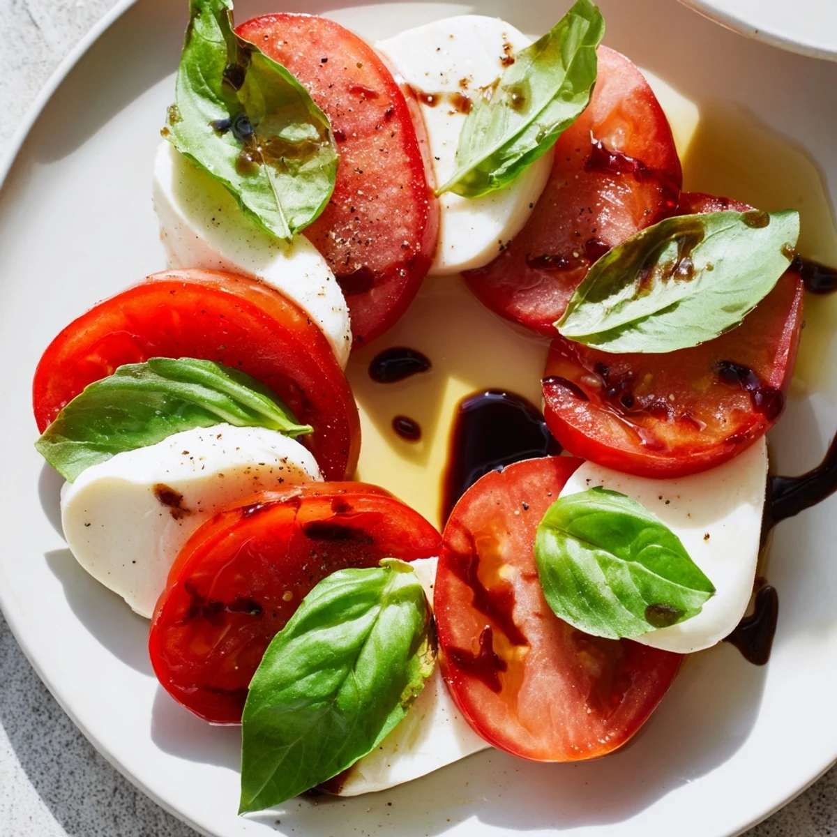 Close-up of a plated Valentine Heart Caprese Salad, featuring heart-shaped mozzarella and tomato slices seasoned with sea salt and cracked black pepper.