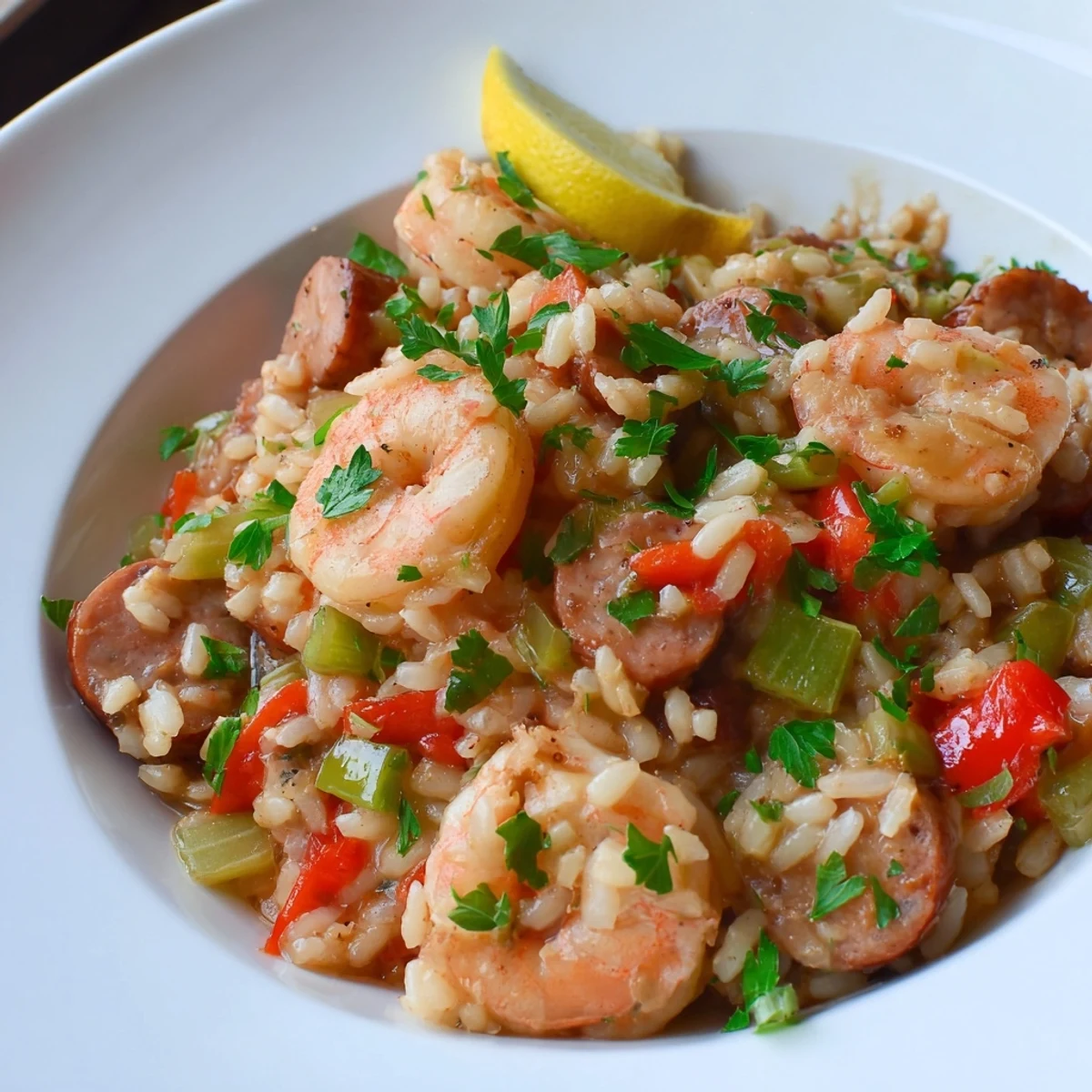 Close-up of Creole Jambalaya Risotto with Shrimp in a skillet, topped with fresh parsley and lemon wedges.