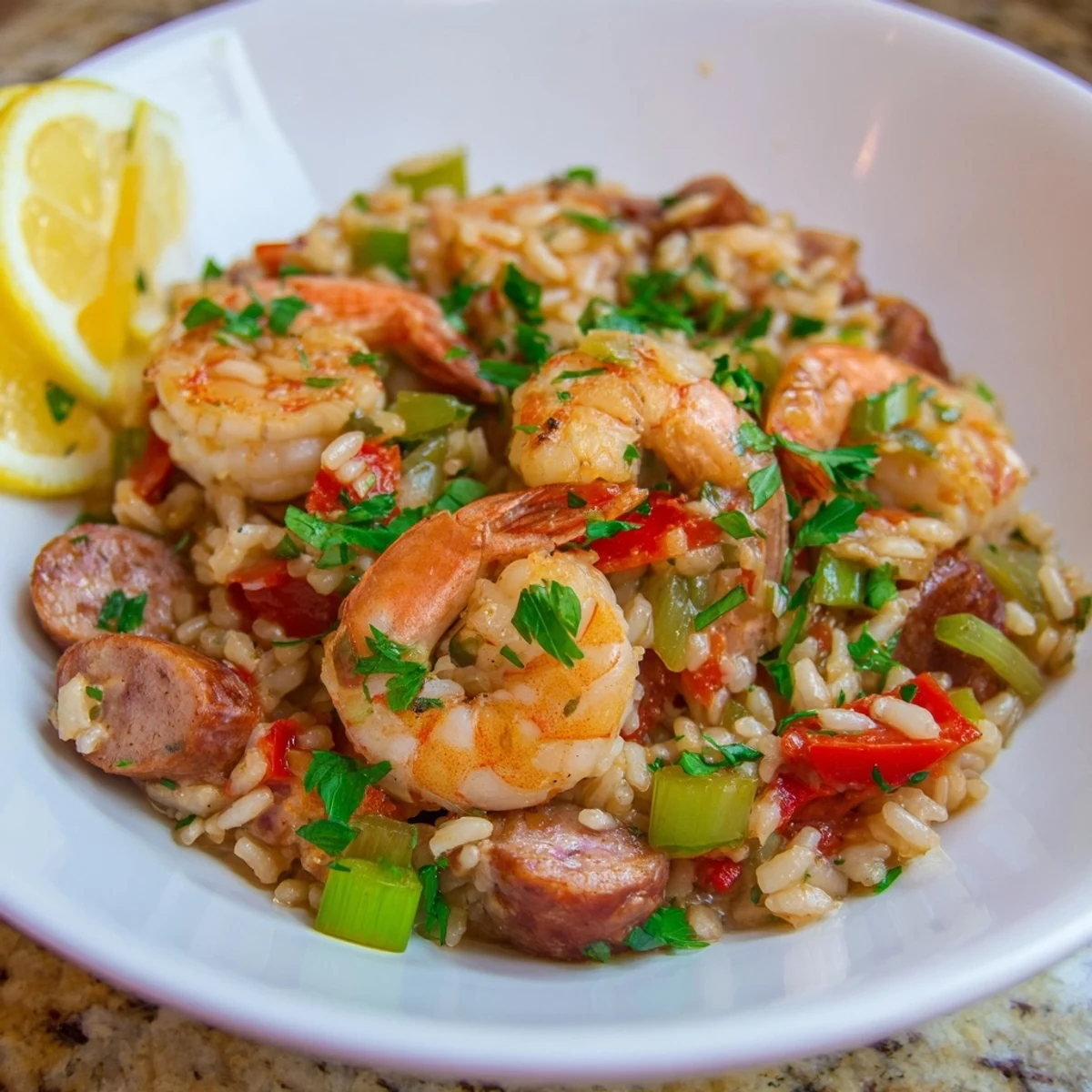 Top-down view of Creole Jambalaya Risotto with Shrimp, featuring creamy rice, sausage, and bell peppers.