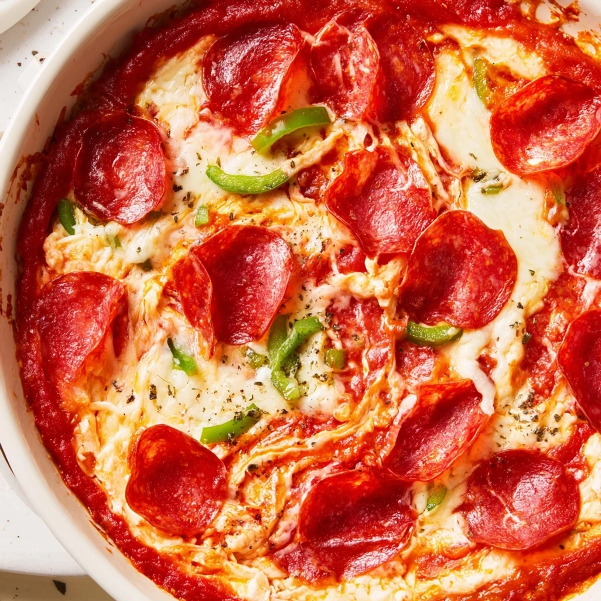 Golden, bubbly Game Day Pepperoni Pizza Dip with beef pepperoni, ready to serve with crusty bread and fresh veggies.