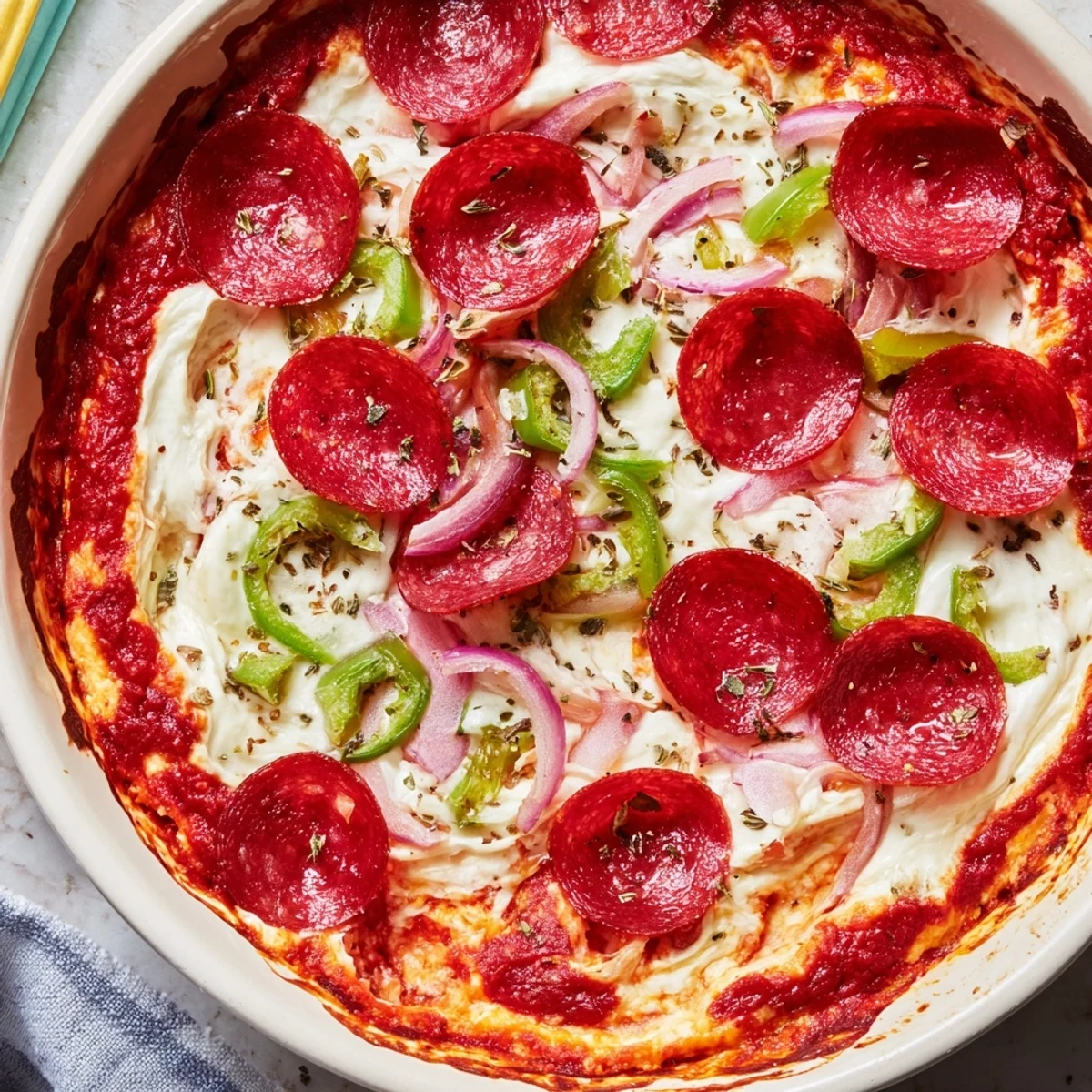 Bubbling, golden Game Day Pepperoni Pizza Dip baked with mozzarella and Parmesan, perfect for sharing at a Super Bowl party.