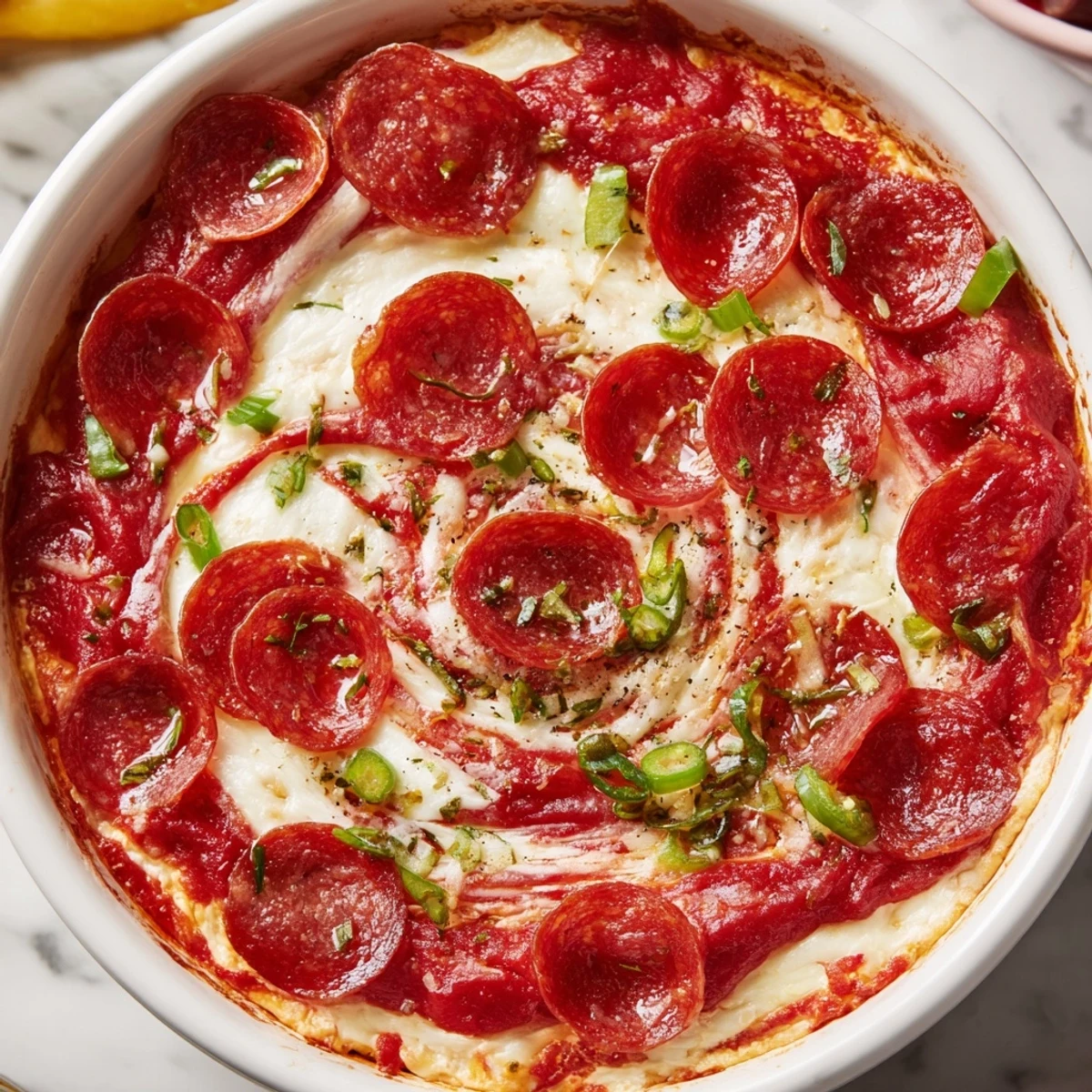 Freshly baked Game Day Pepperoni Pizza Dip in a skillet, loaded with beef pepperoni, marinara, and melty cheese.
