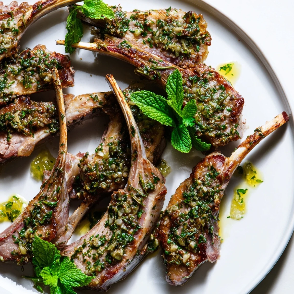 A plated Garlic Herb Roasted Rack of Lamb with Mint Jelly, sliced to reveal a juicy, pink interior garnished with fresh mint leaves.  