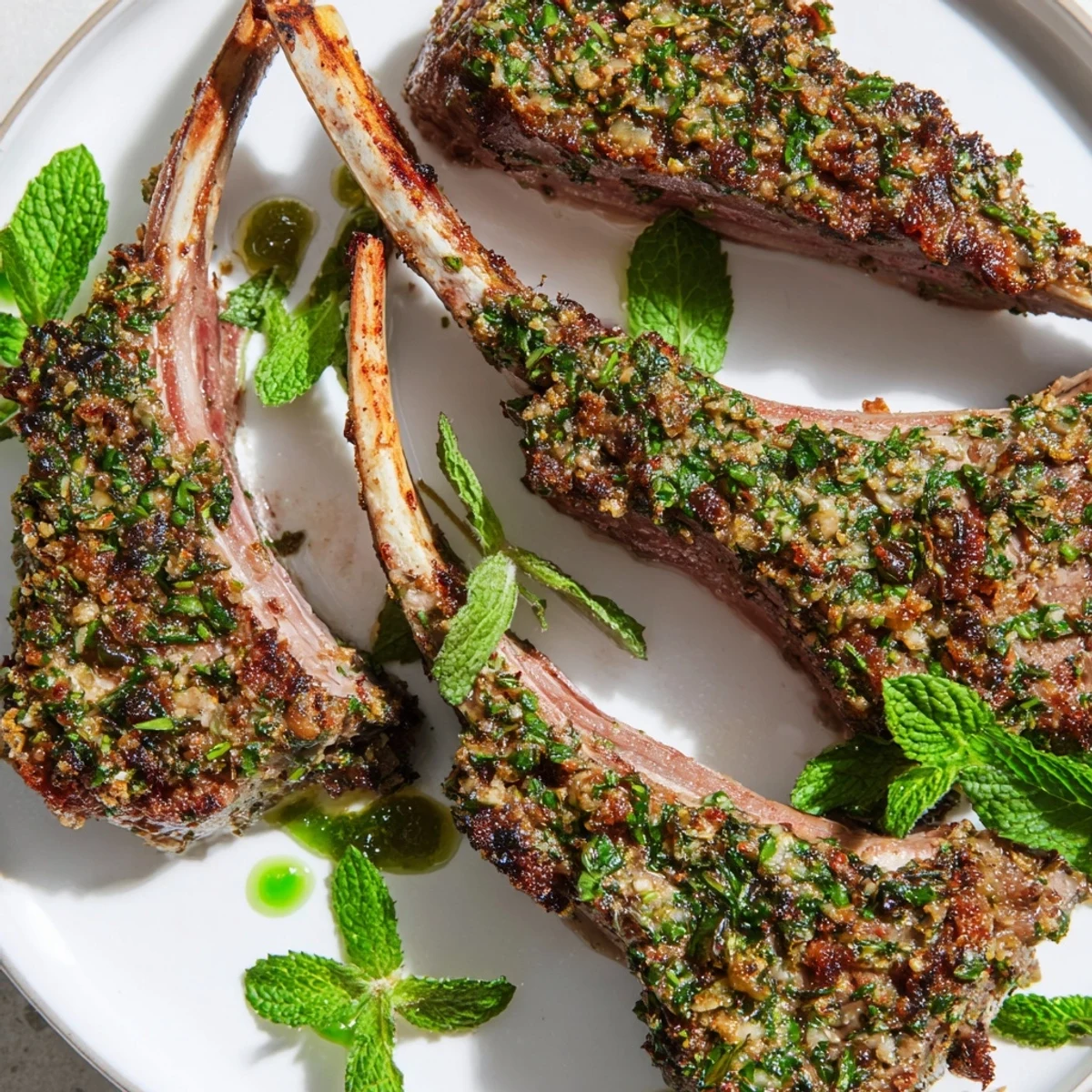 Close-up of Garlic Herb Roasted Rack of Lamb with Mint Jelly, showcasing a golden herb crust and tender, succulent meat.