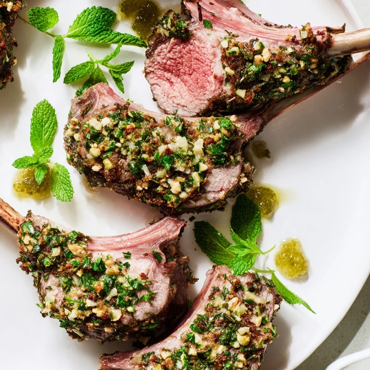 Perfectly roasted Garlic Herb Roasted Rack of Lamb with Mint Jelly, served with a side of mint jelly and roasted vegetables.  