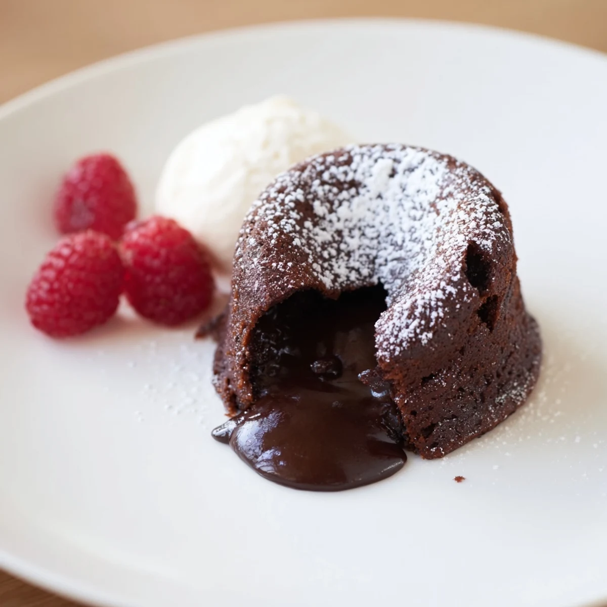 Dusted with powdered sugar and topped with fresh raspberries, the Valentine Molten Chocolate Lava Cakes are ready to serve.  
