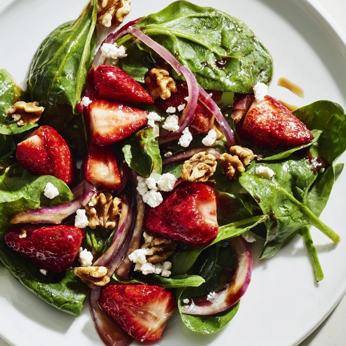 Bright red strawberries and crumbled feta cheese atop a bed of spinach for a refreshing, light lunch.