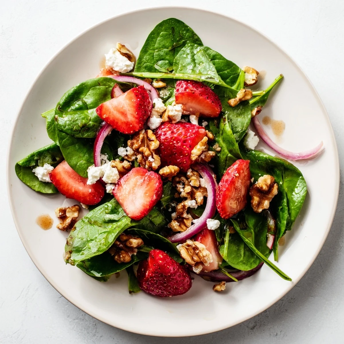 A close-up of the vibrant Strawberry Walnut Spinach Salad, drizzled with glossy dressing and ready to serve.