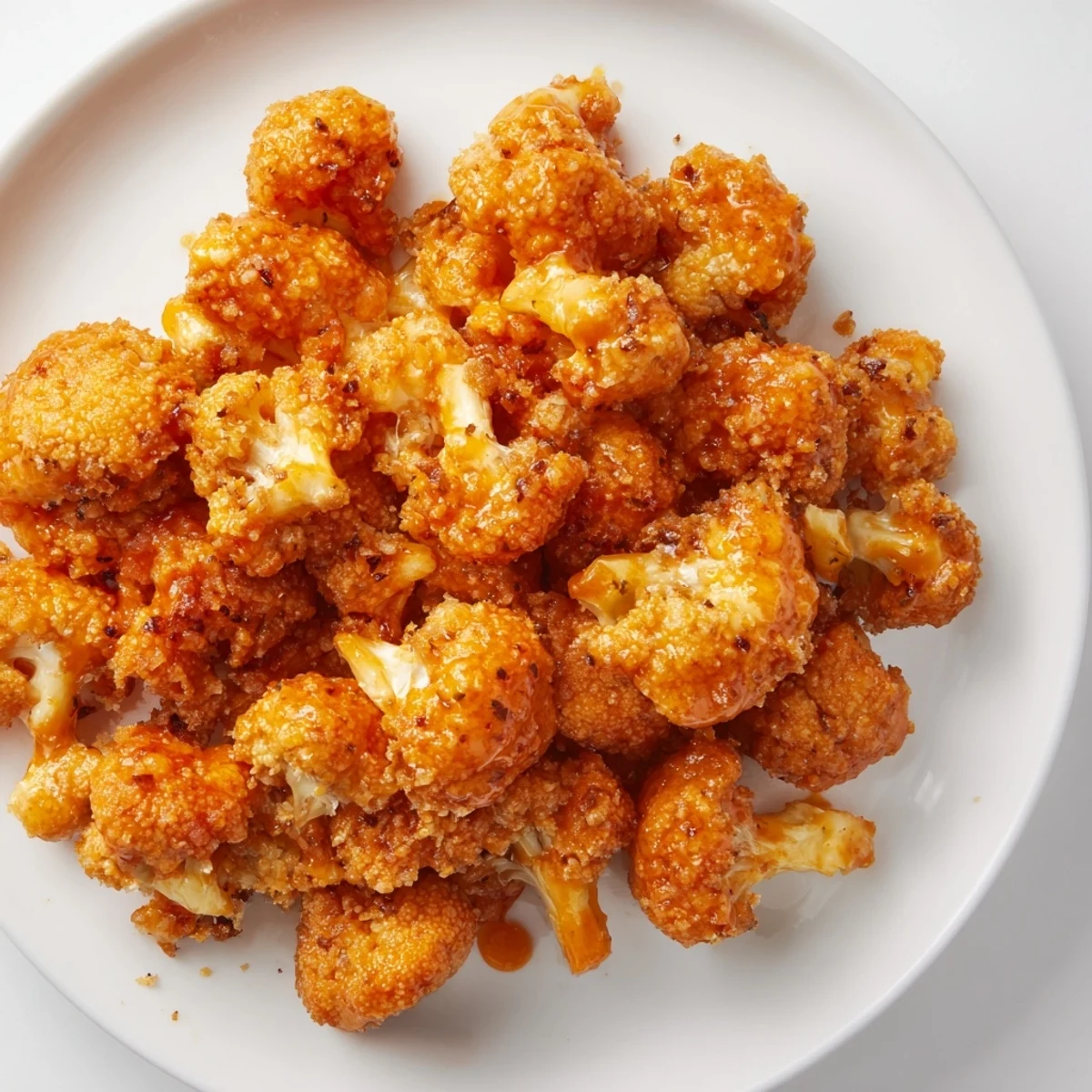 Golden, crispy Crispy Baked Cauliflower Bites with Buffalo Sauce cooling on a wire rack.  