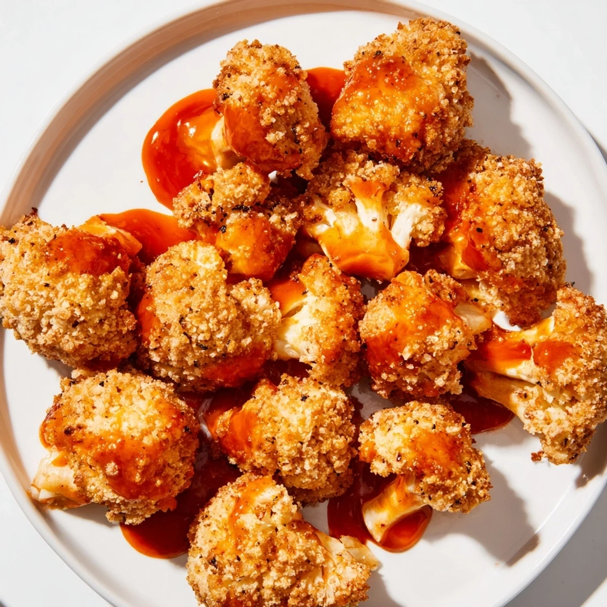 Spicy orange sauce clings to crunchy Crispy Baked Cauliflower Bites served with ranch.  