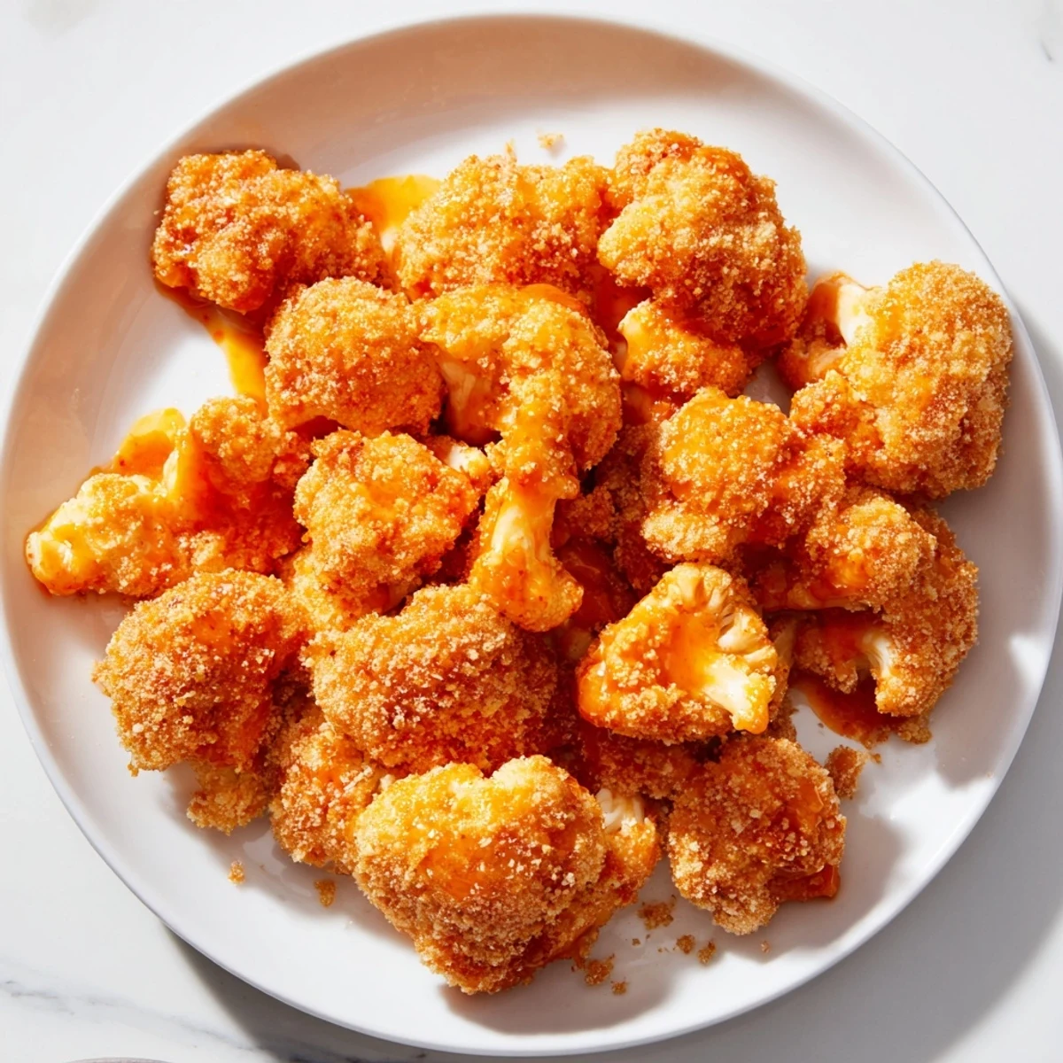 A platter of Crispy Baked Cauliflower Bites with Buffalo Sauce for a party snack.
