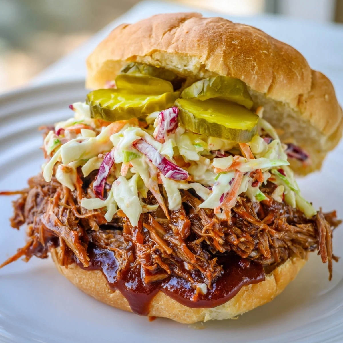 Tender, slow-cooked Beef Brisket Sliders piled high on soft buns with creamy coleslaw and tangy pickles.  
