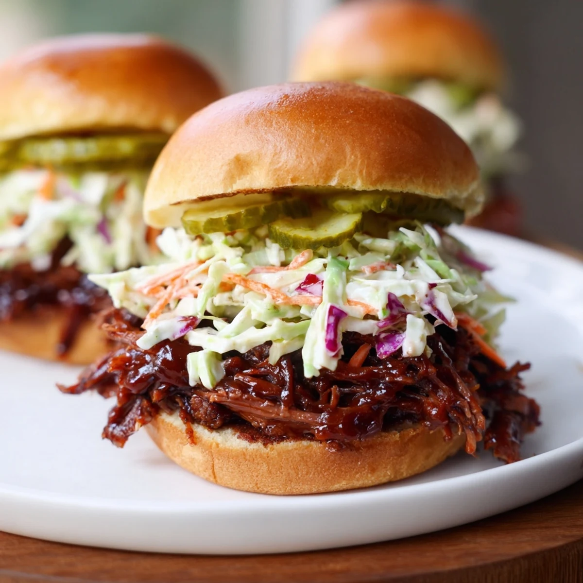 Savory Beef Brisket Sliders feature juicy shredded brisket, cool slaw, and crisp dill pickles on warm buns.  