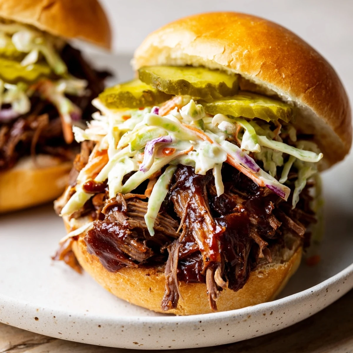 Hearty Beef Brisket Sliders served with creamy coleslaw and pickles, perfect for backyard parties or game day.