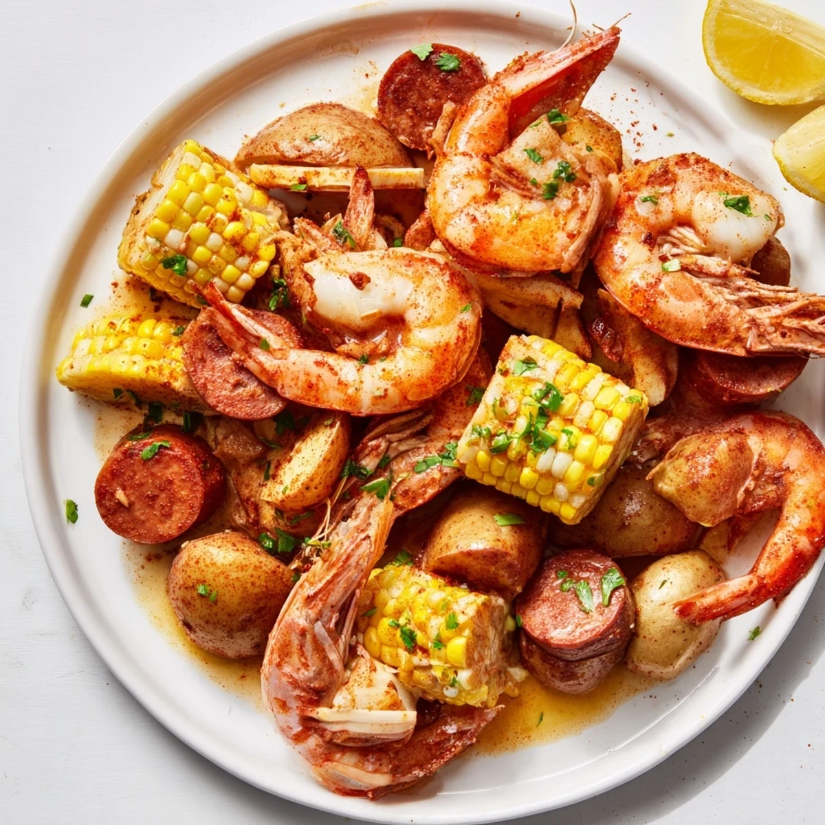 Golden sheet pan shrimp boil with juicy shrimp, roasted corn, baby potatoes, andouille sausage, red onion, and fresh parsley, finished with lemon wedges for serving.