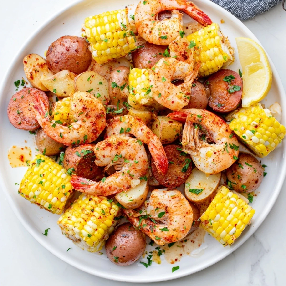 Easy one-pan Old Bay shrimp boil recipe with tender shrimp, sweet corn, potatoes, and smoky sausage, roasted and ready for a weeknight Southern-inspired dinner.