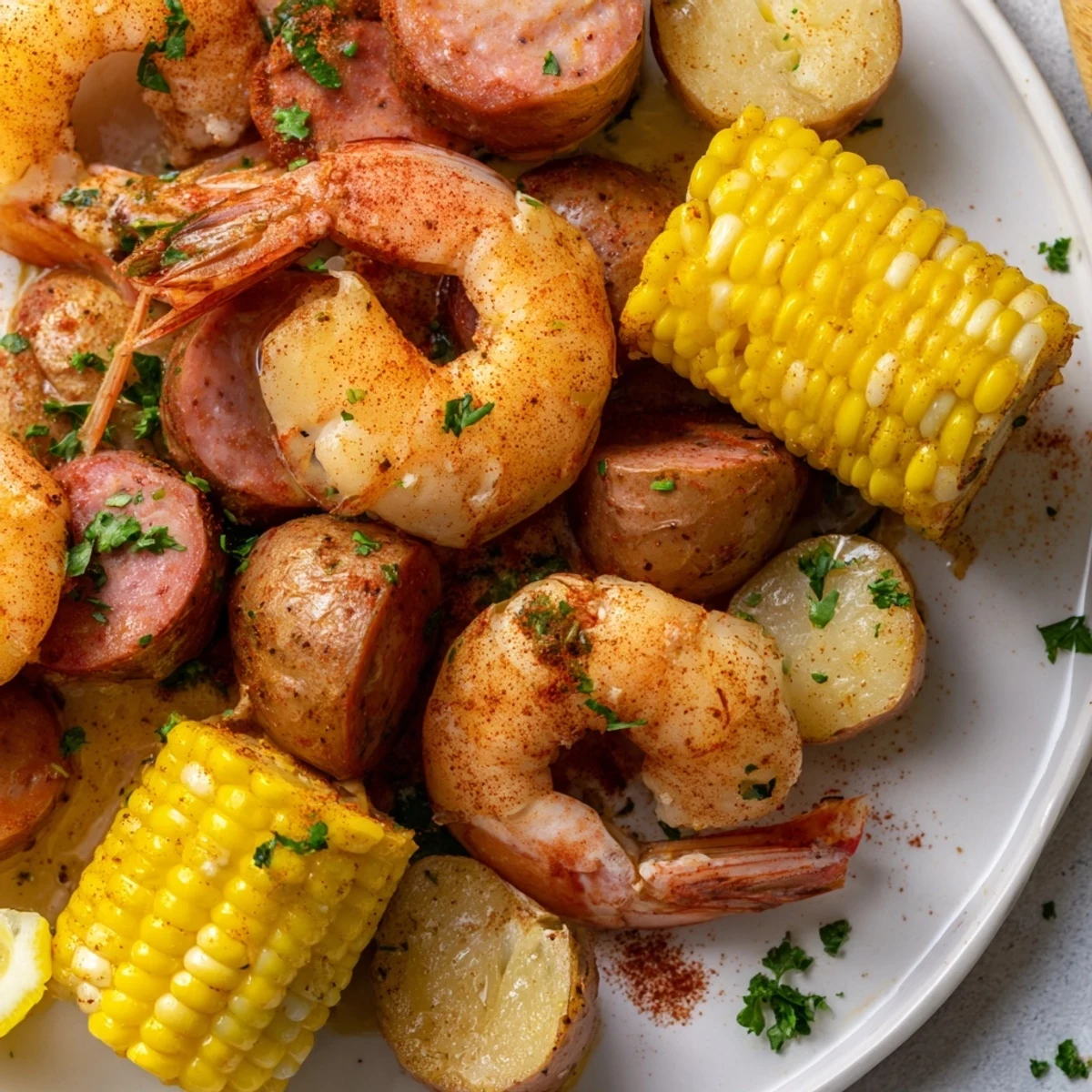 Vibrant sheet pan meal featuring seasoned shrimp, caramelized corn and potatoes, andouille sausage, and fresh parsley garnish, with lemon wedges for a bright finishing touch.